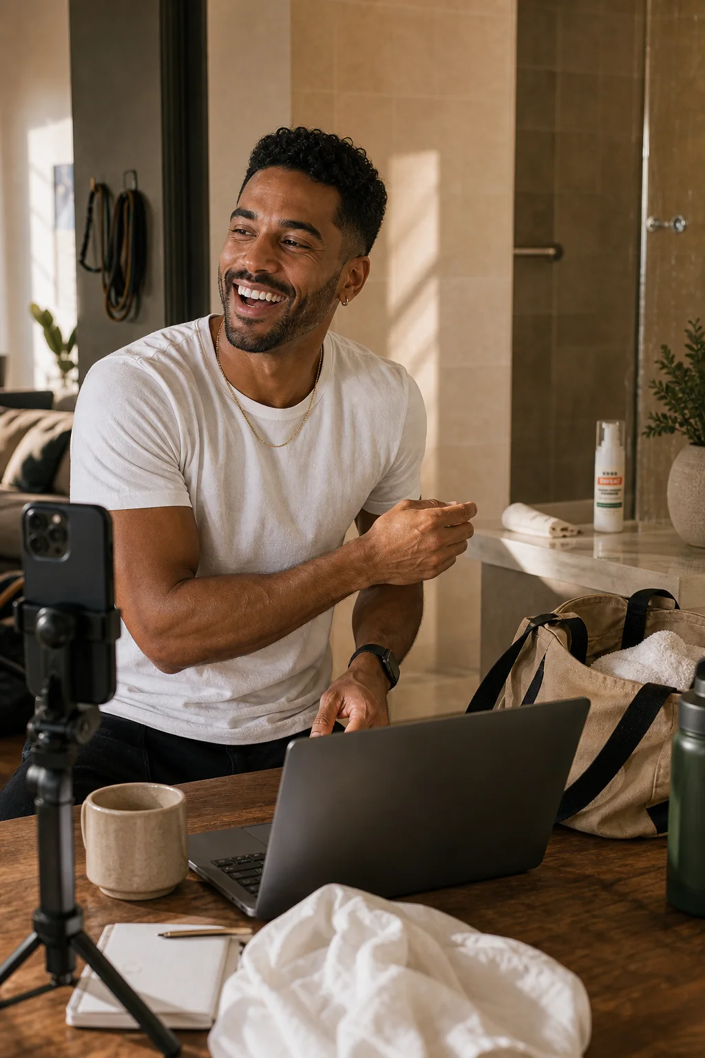 Male creator preparing a phone setup after a shower reset.
