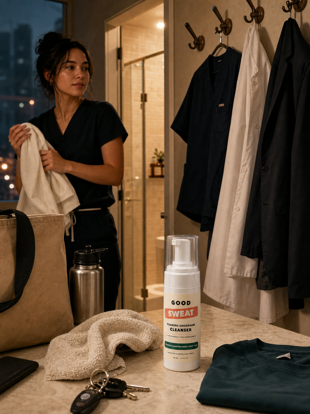 GoodSweat bottle set up beside work uniforms and a shower reset after a hot shift.