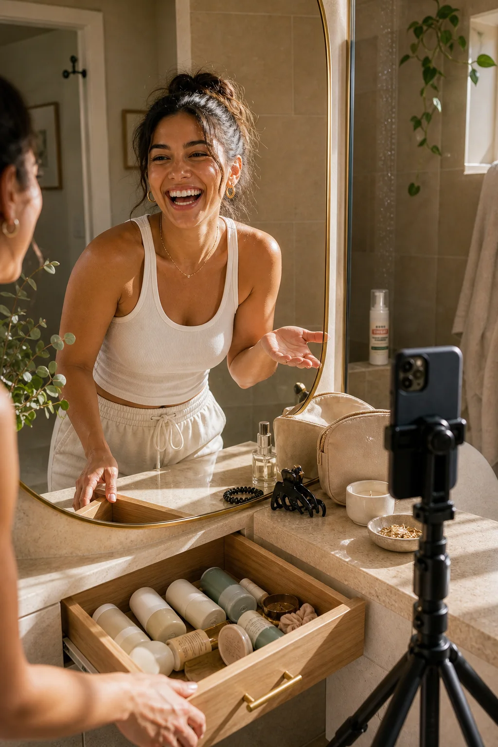 Creator filming a playful bathroom drawer moment with body-care products.