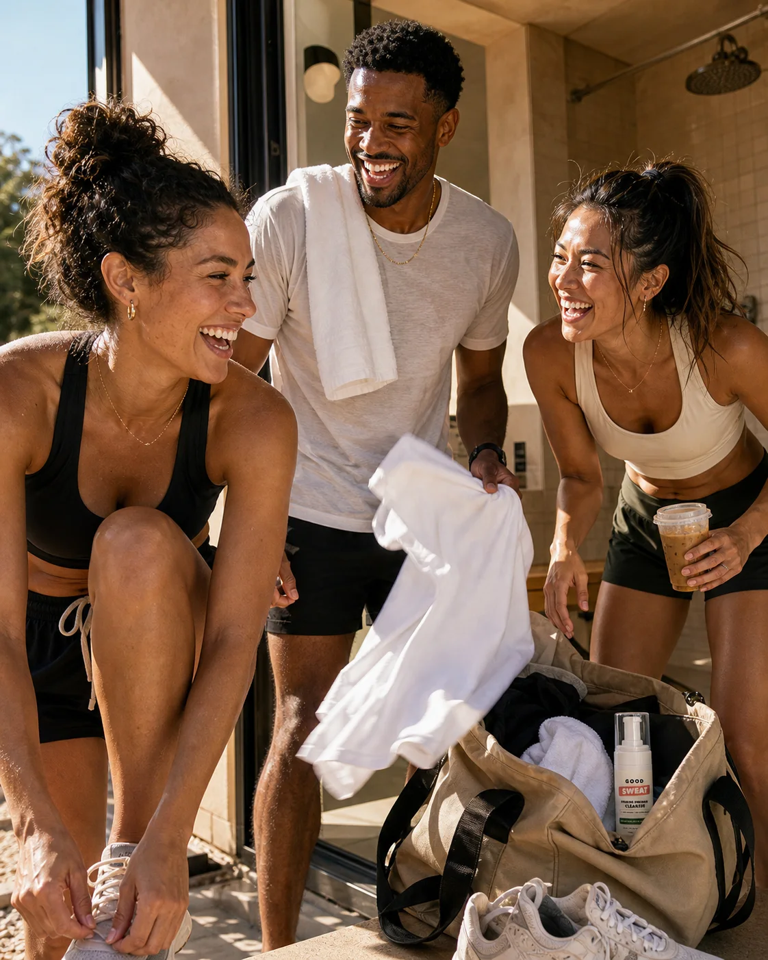 Run club creators laughing after a workout with a gym tote and shower reset nearby.