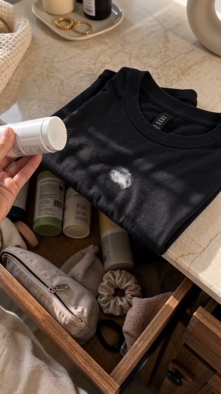Still image of a white deodorant mark on a black shirt.