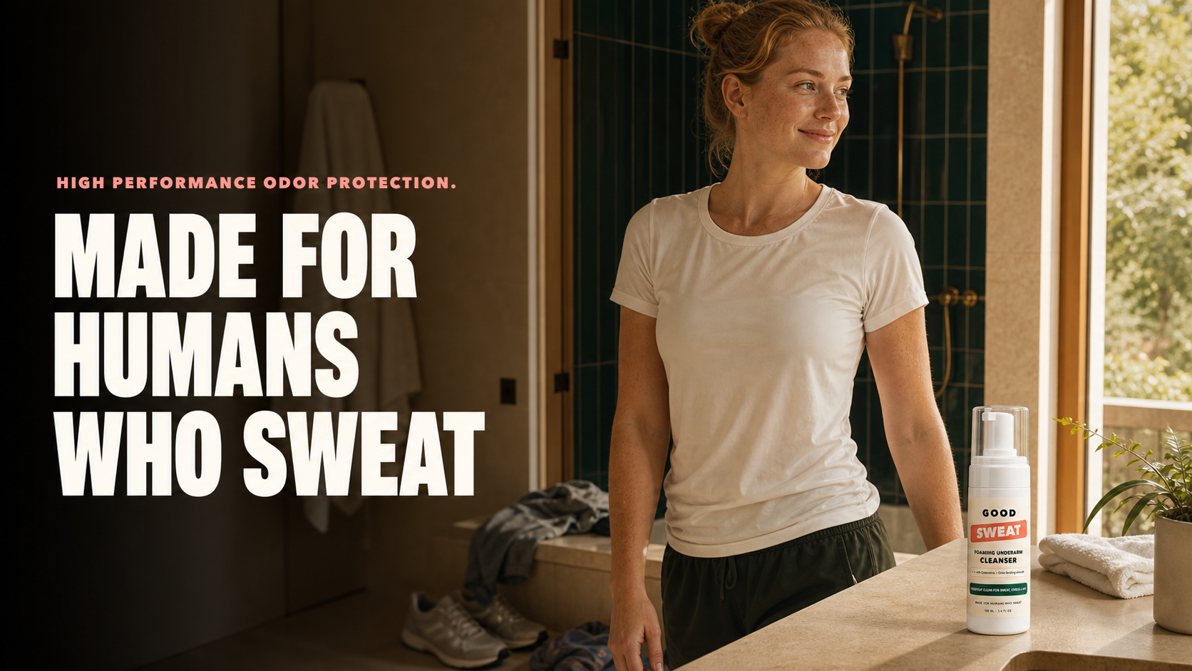GoodSweat bottle in a warm bathroom after a morning run with the words Made for humans who sweat.