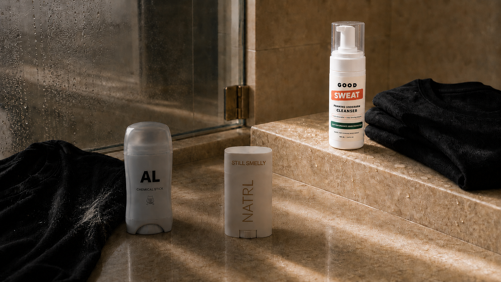 Bathroom ledge with deodorant residue on a black shirt beside deodorant sticks, contrasted with GoodSweat foaming underarm cleanser and a clean folded shirt.