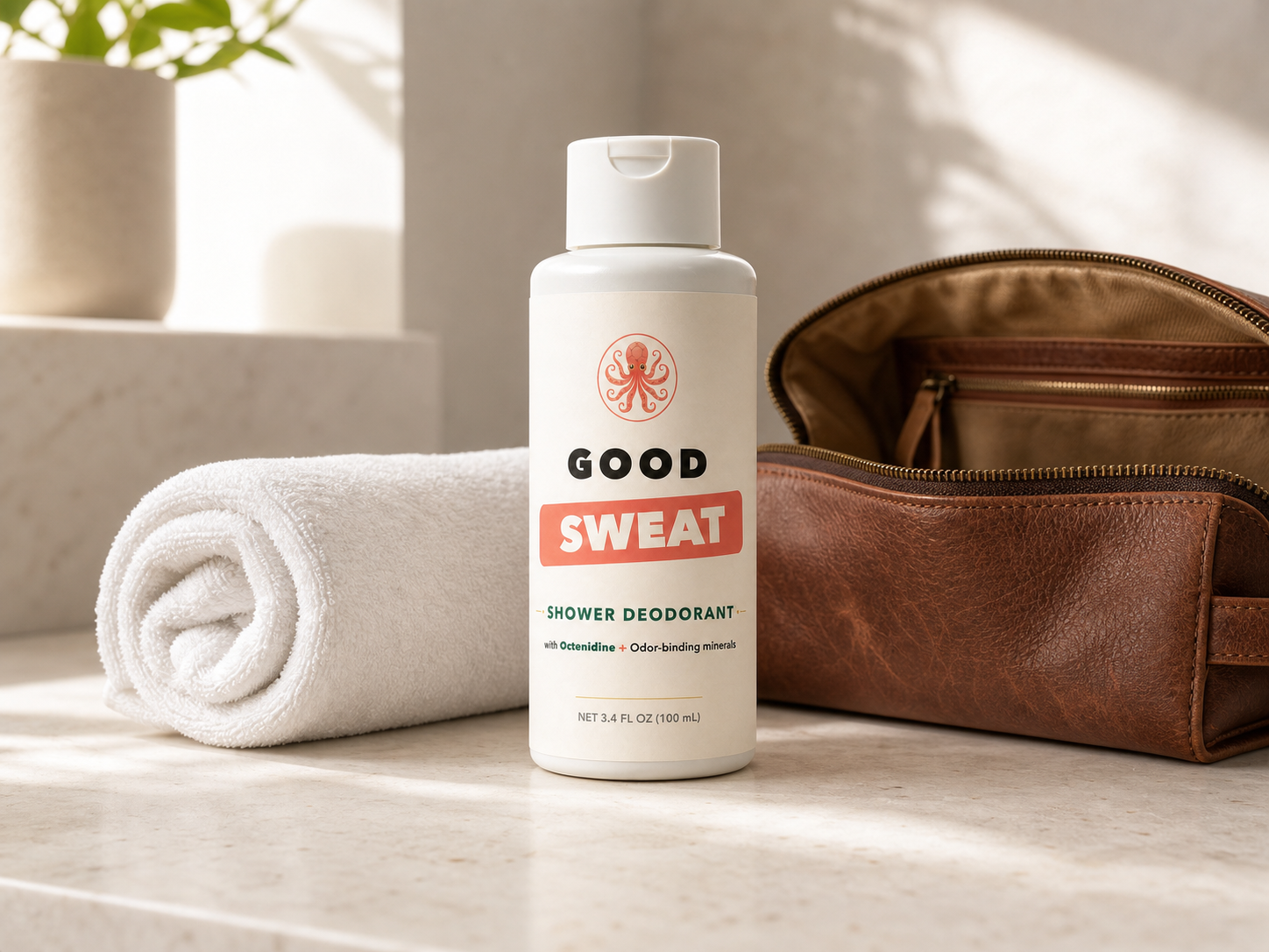 GoodSweat shower deodorant bottle packed with a towel and travel routine essentials.