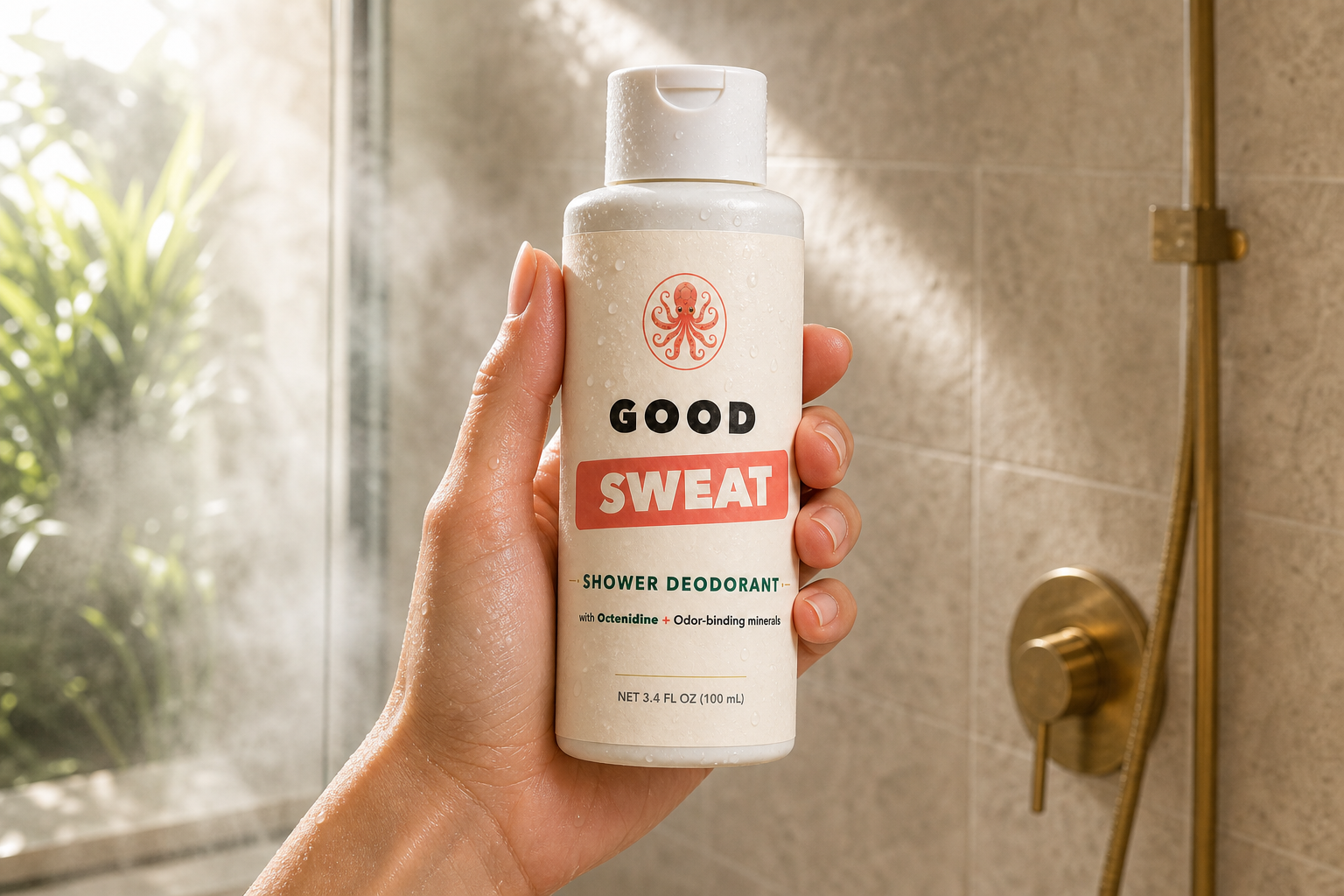 GoodSweat shower deodorant bottle on a bathroom ledge beside a phone on a tripod, set up to film a shower routine.