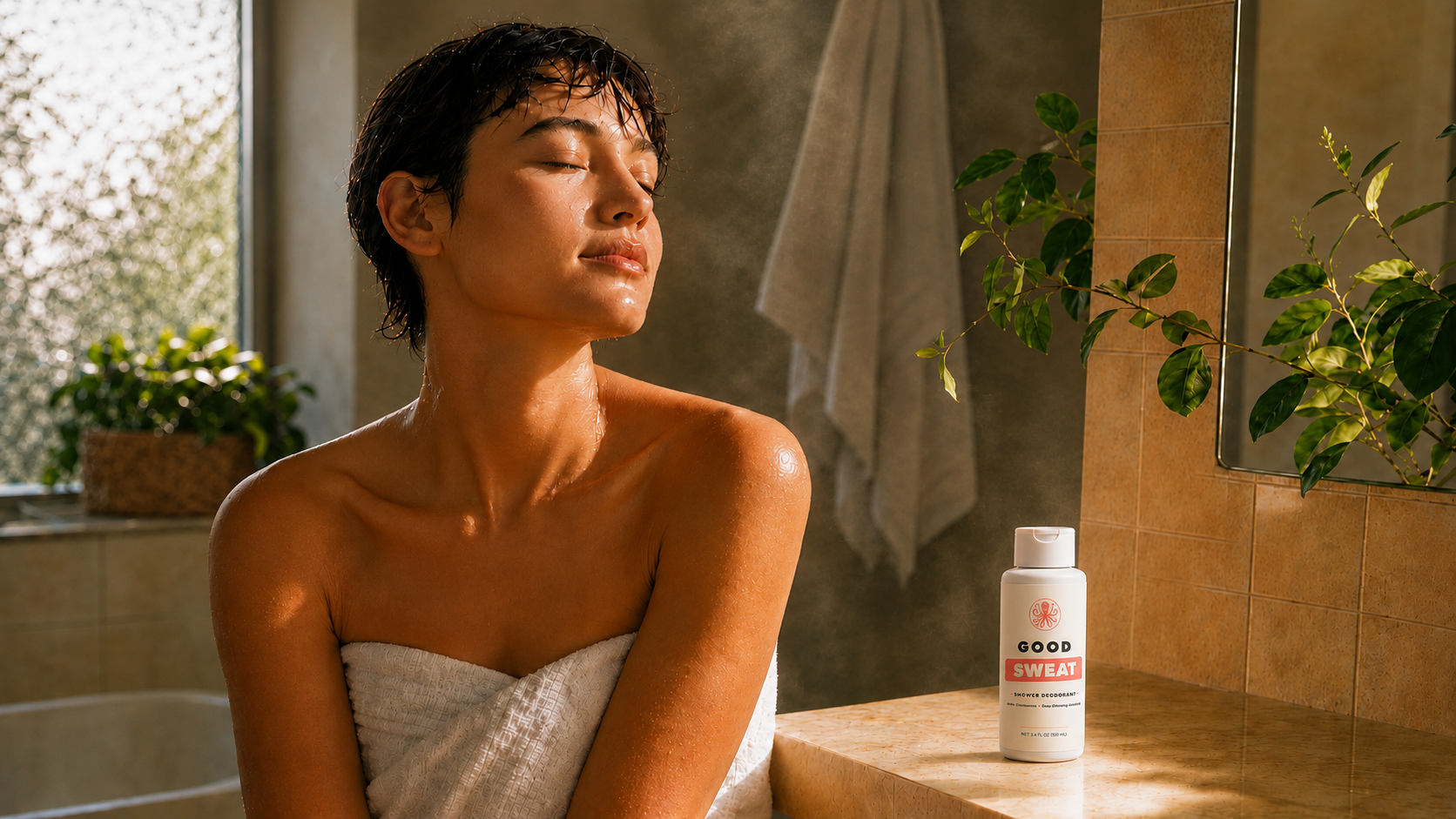 Woman wrapped in a towel in a steamy, sunlit bathroom after a shower, eyes closed, a GoodSweat shower deodorant bottle on the stone ledge beside her