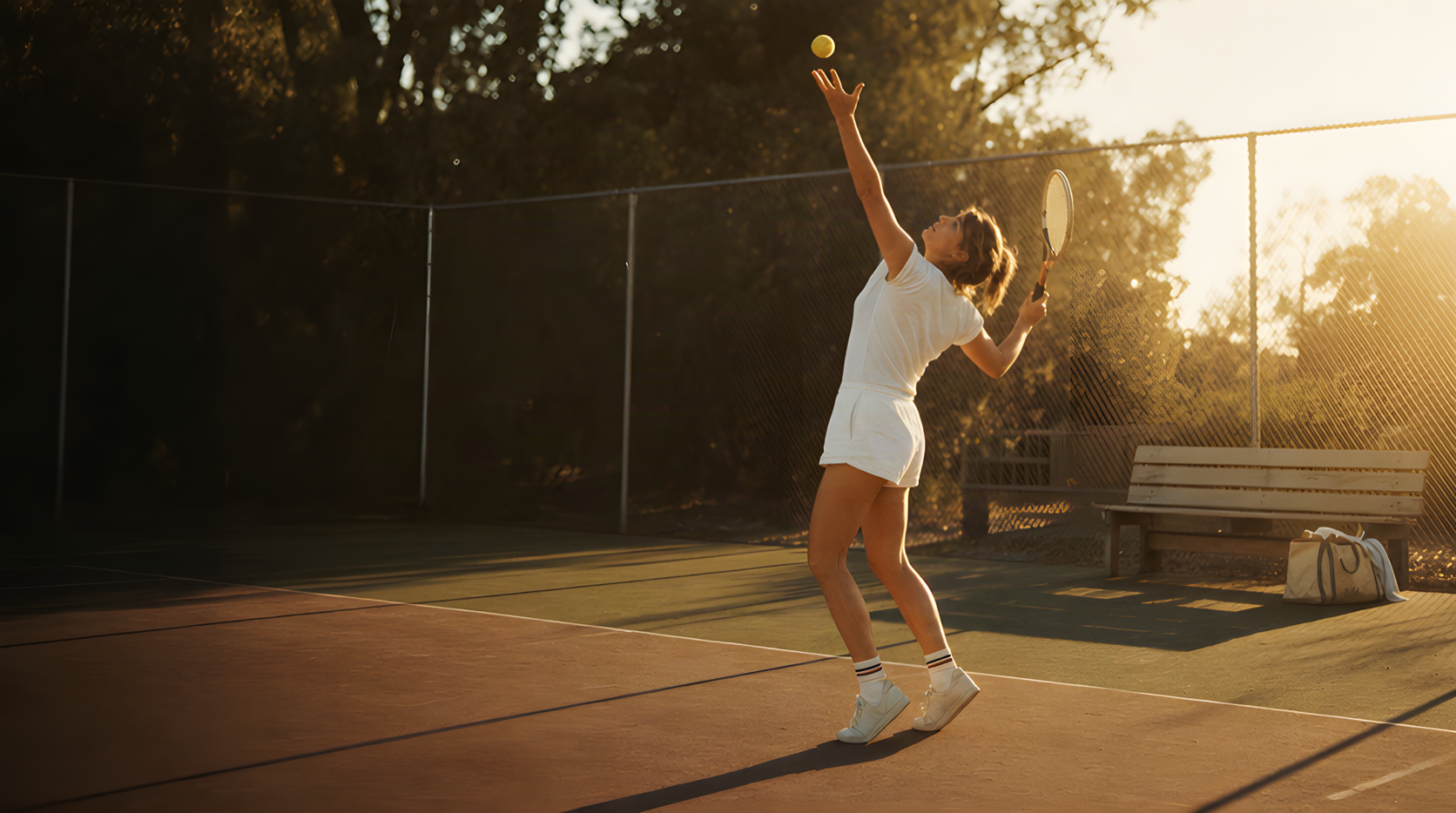 Two women laughing at the net of a sun-bleached outdoor tennis court at golden hour, tapping wooden racket faces together between points