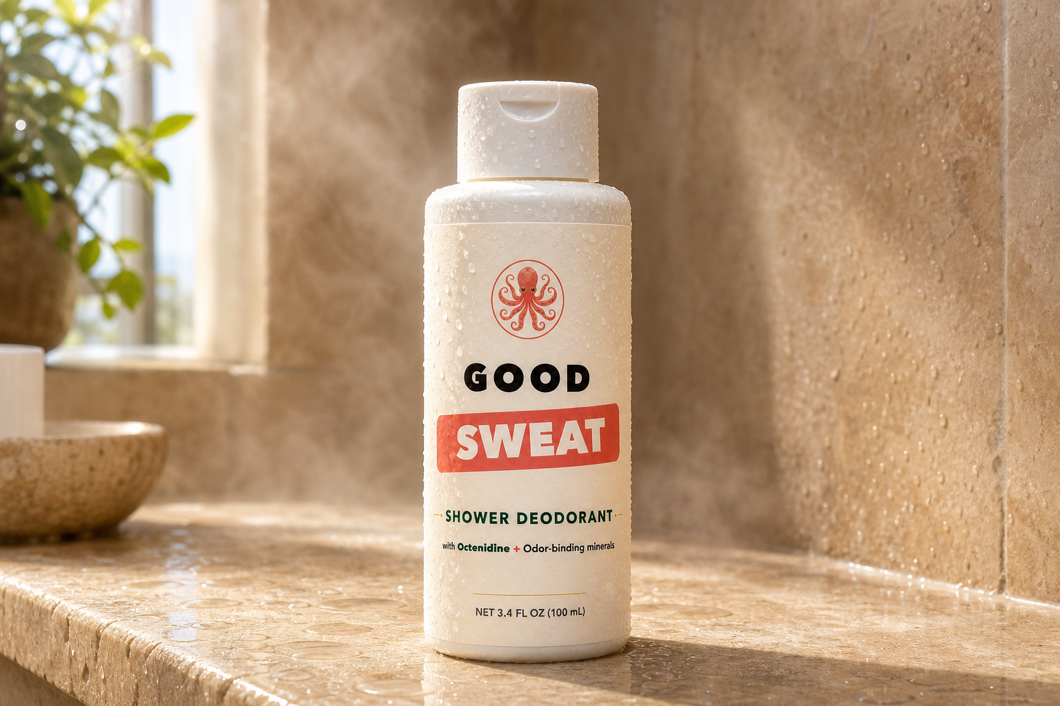 GoodSweat shower deodorant squeeze bottle on a wet stone ledge in a sunlit shower.