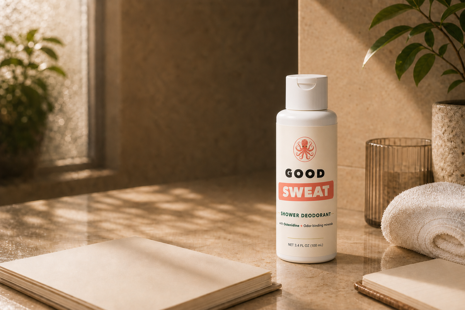 GoodSweat shower deodorant squeeze bottle on warm stone beside blank press papers, a folded towel, and morning bathroom light.