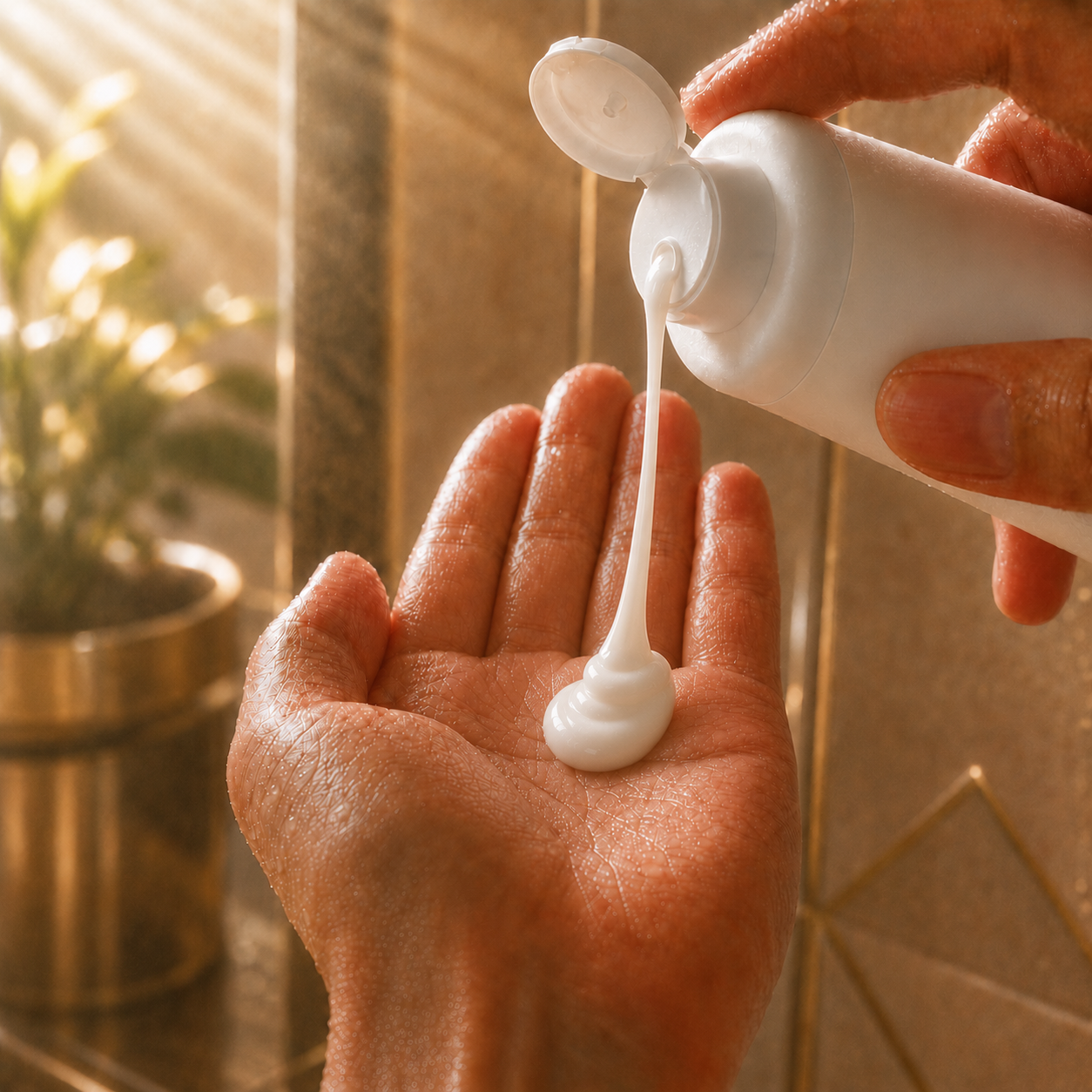 A small amount of GoodSweat cream squeezed from the flip-cap bottle into a wet palm in a sunlit shower.