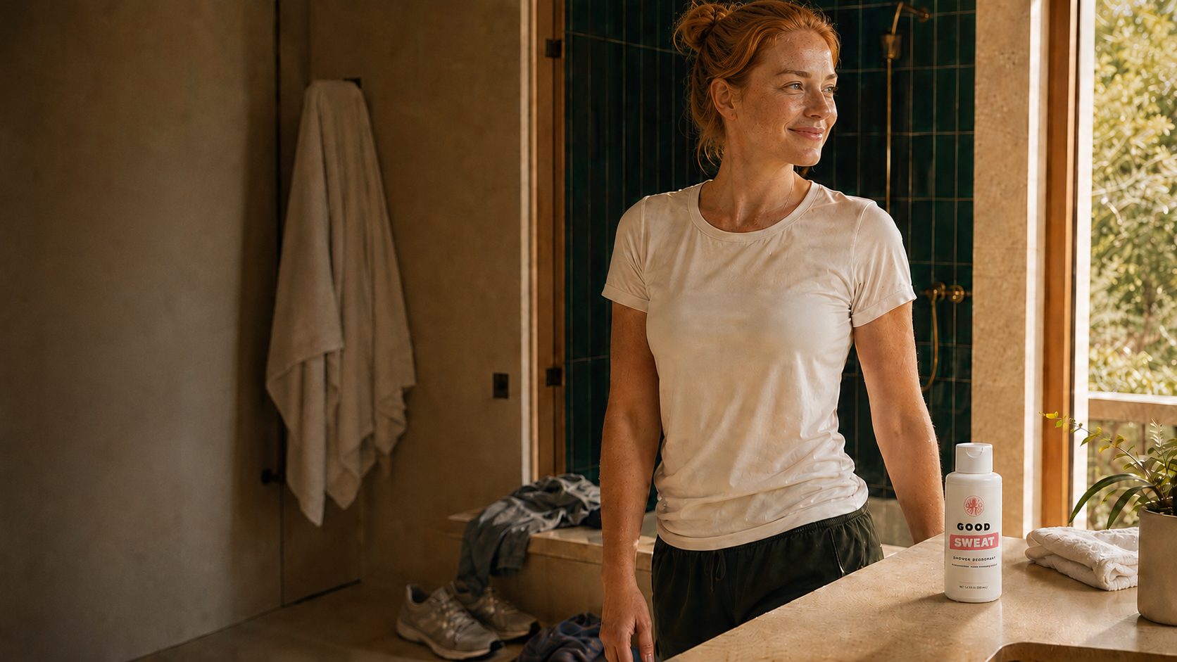 A woman in a white tee in a sunlit bathroom after a workout, with a GoodSweat shower deodorant bottle on the counter.