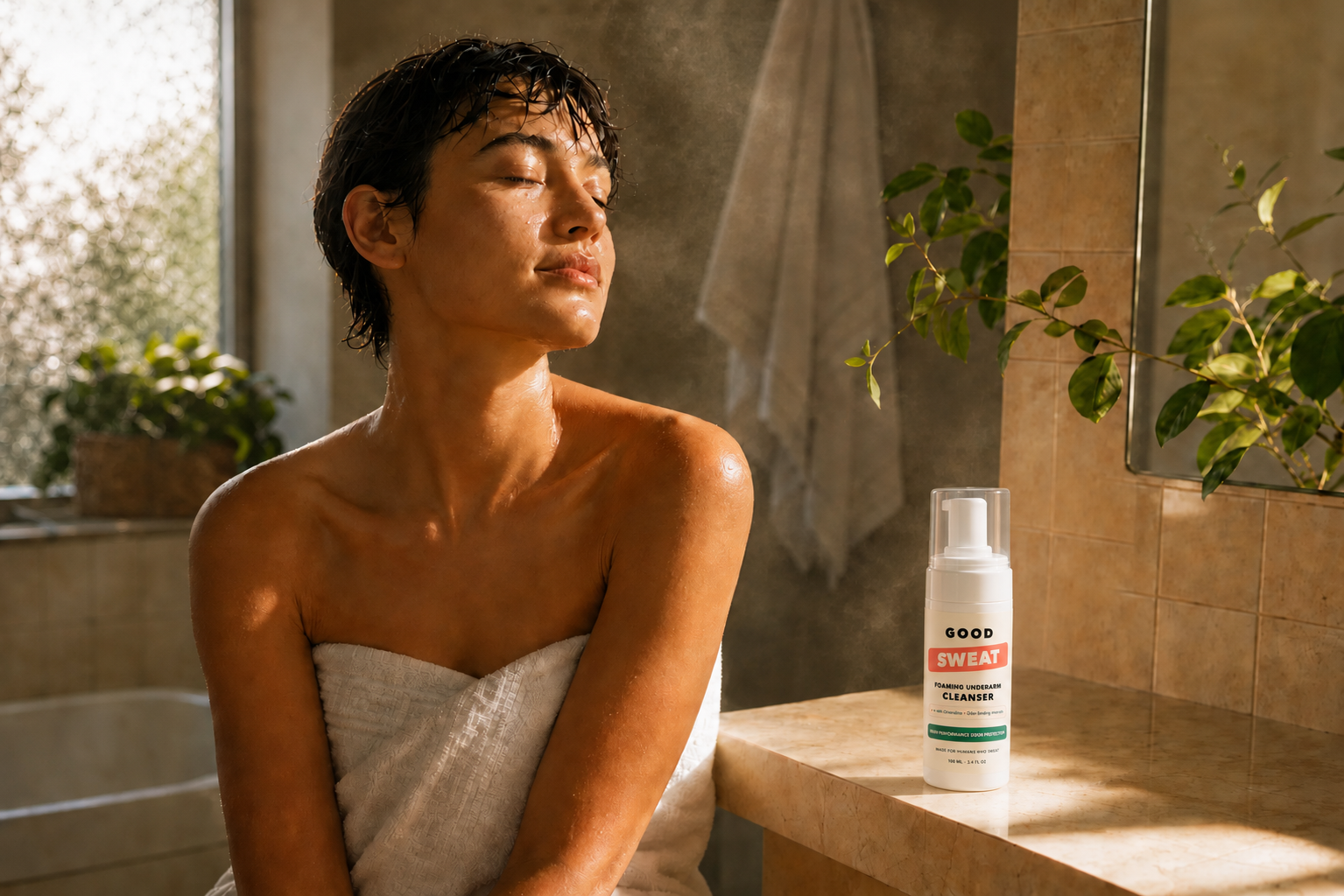Post-shower portrait in soft morning light next to a GoodSweat 100ml bottle on a marble ledge