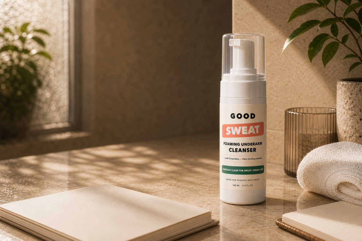 GoodSweat foaming underarm cleanser bottle on warm stone beside blank press papers, a folded towel, and morning bathroom light.
