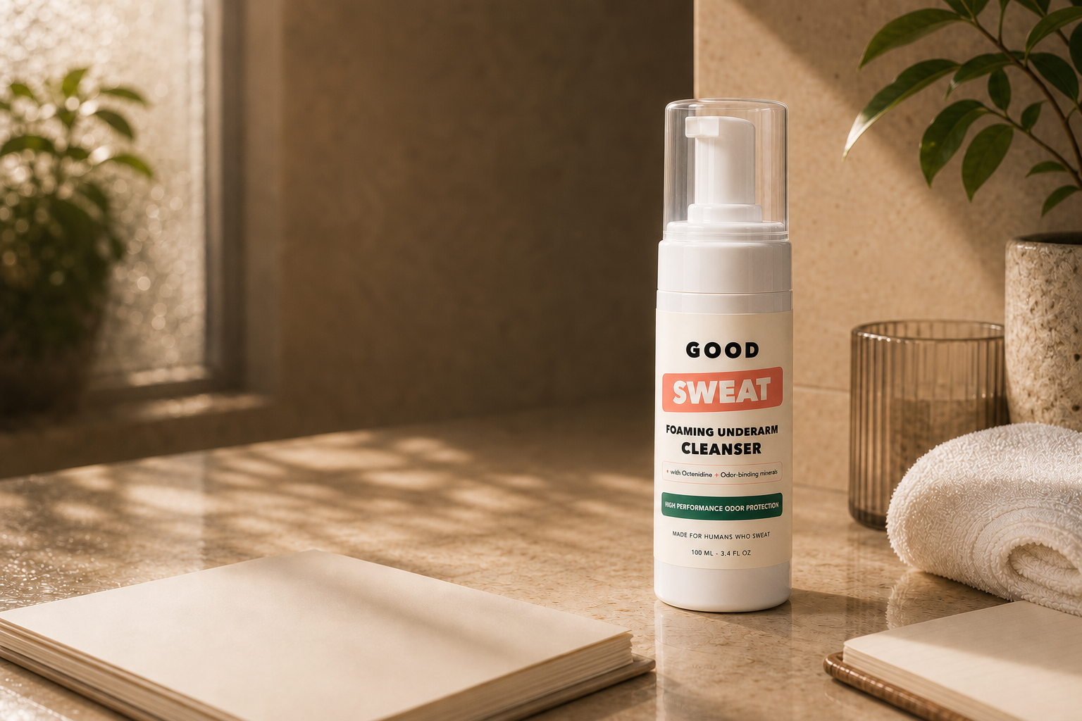 GoodSweat foaming underarm cleanser bottle on warm stone beside blank press papers, a folded towel, and morning bathroom light.