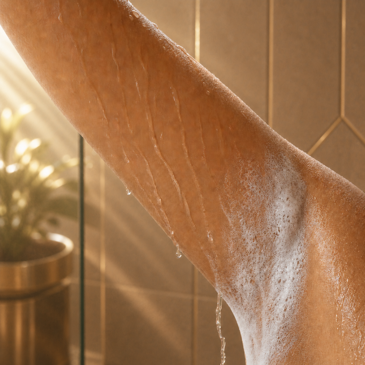 GoodSweat foam worked into wet underarm skin in a warm shower.