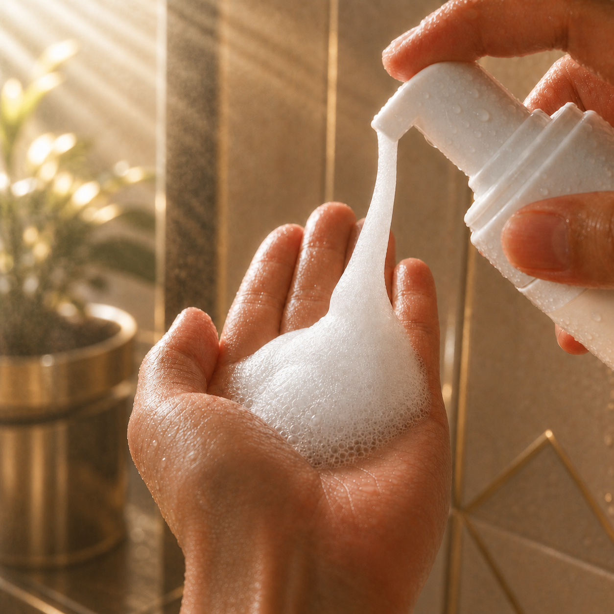GoodSweat foaming cleanser being pumped into a wet hand in the shower.