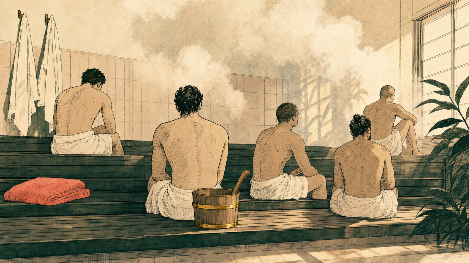 Editorial illustration of a busy cedar bathhouse bench scene with towels and steam, no faces shown.