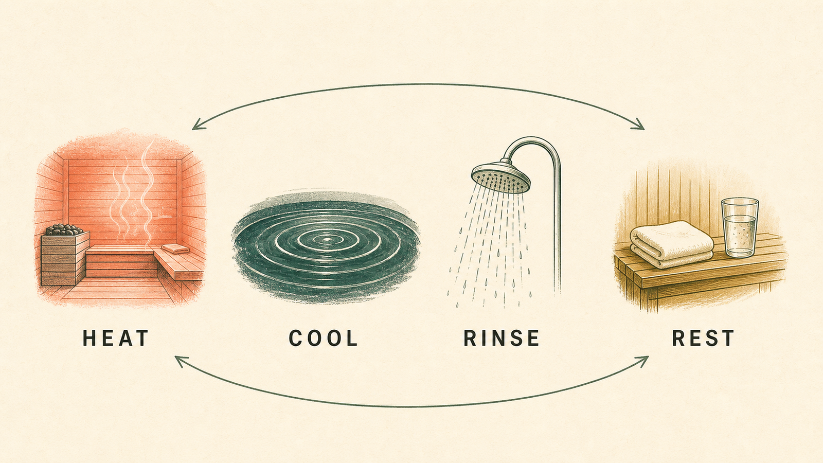 Editorial diagram of the four-step thermal cycle: heat, cool, rinse, rest.