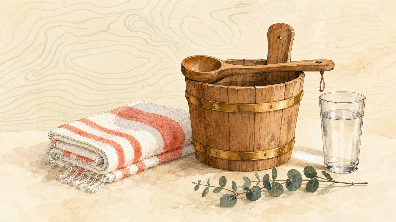 Editorial still life of a wooden sauna bucket, ladle, folded towel, eucalyptus, and glass of water.
