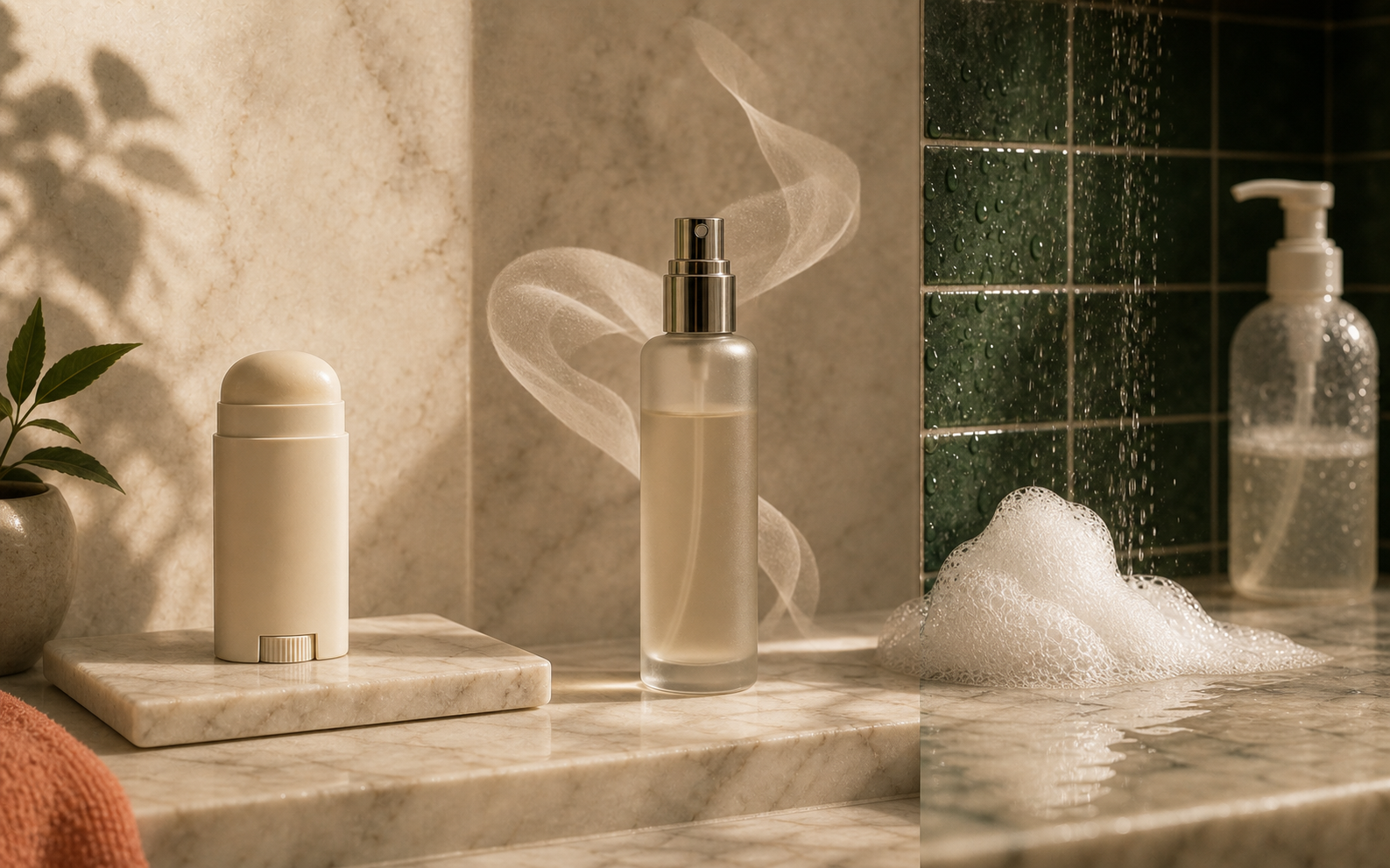 A bathroom shelf sorted by job and timing: antiperspirant for wetness, deodorant for scent, and a cleanser for washing in the shower.