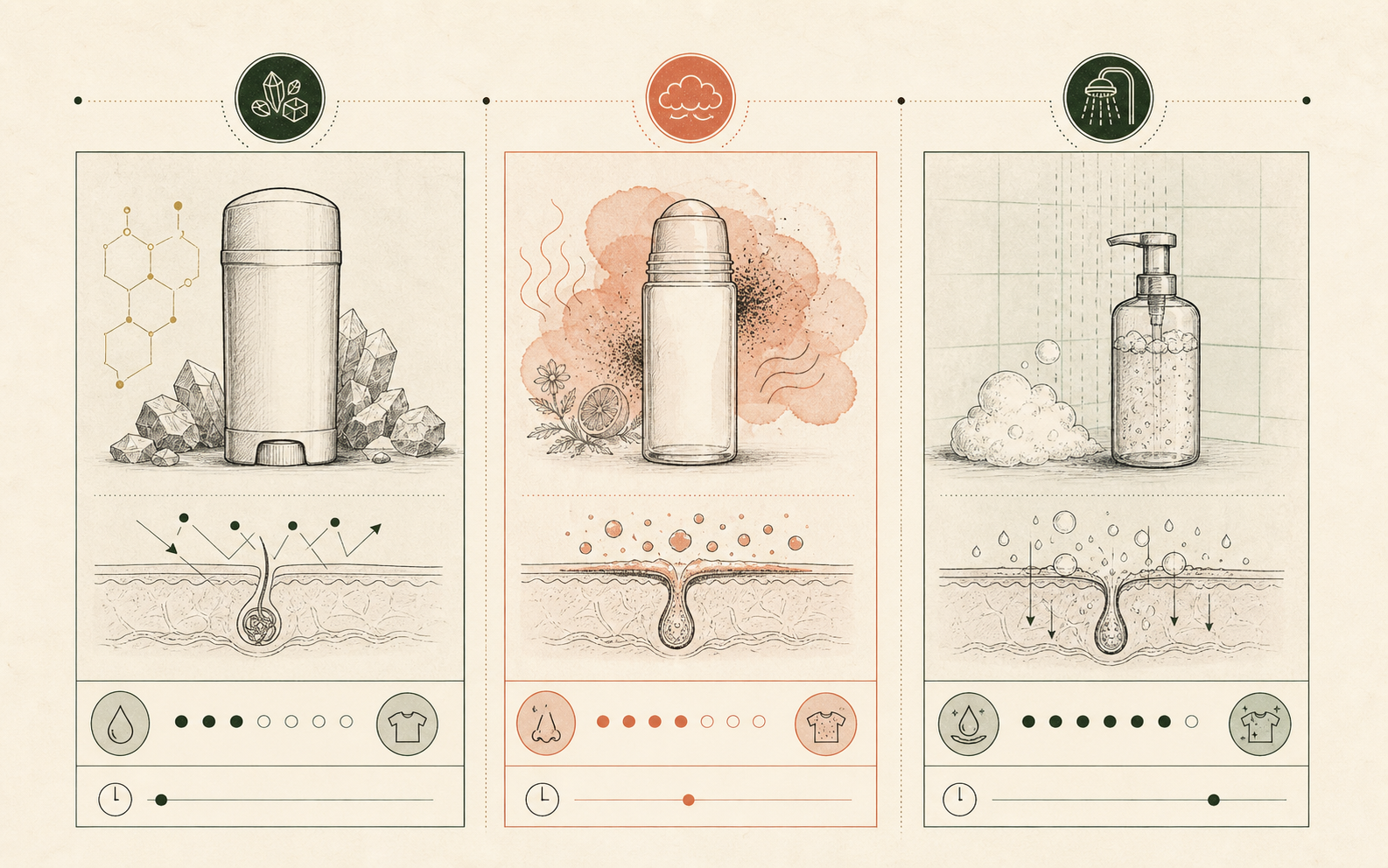 A three-column map pairing each underarm product with the verb it performs: antiperspirant reduces, deodorant scents, cleanser washes.