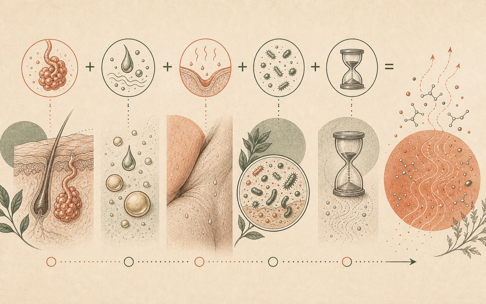 Abstract underarm odor equation with gland changes, warmth, microbes, time, and volatile molecules.