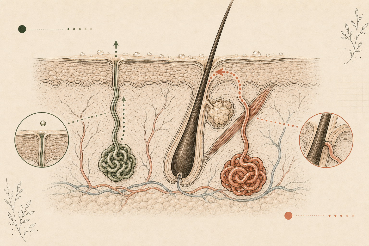 Editorial cross-section of underarm skin showing eccrine glands opening to the surface and apocrine glands opening into hair follicles.
