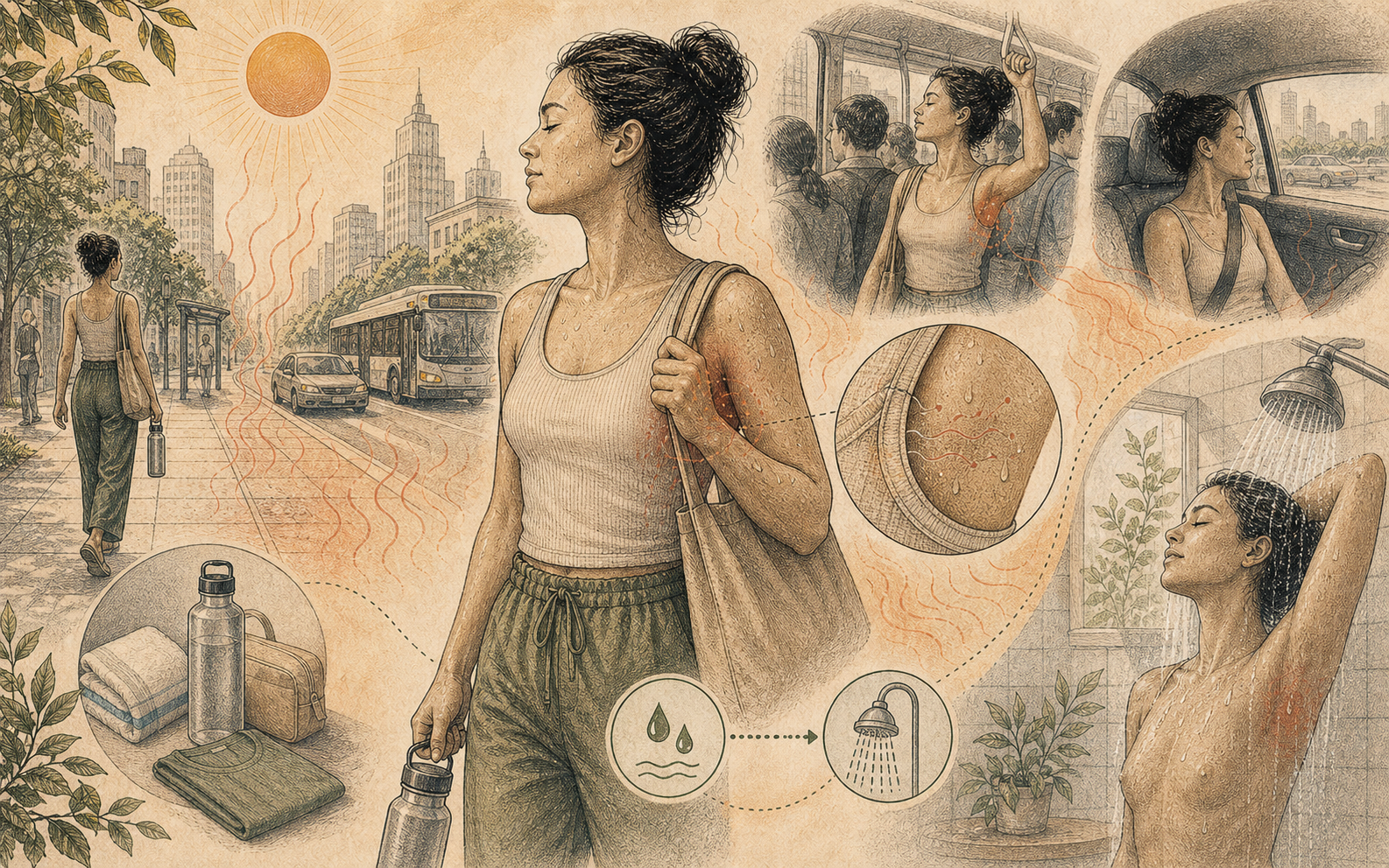 Editorial route map from sun exposure to shirt contact to a shower reset.
