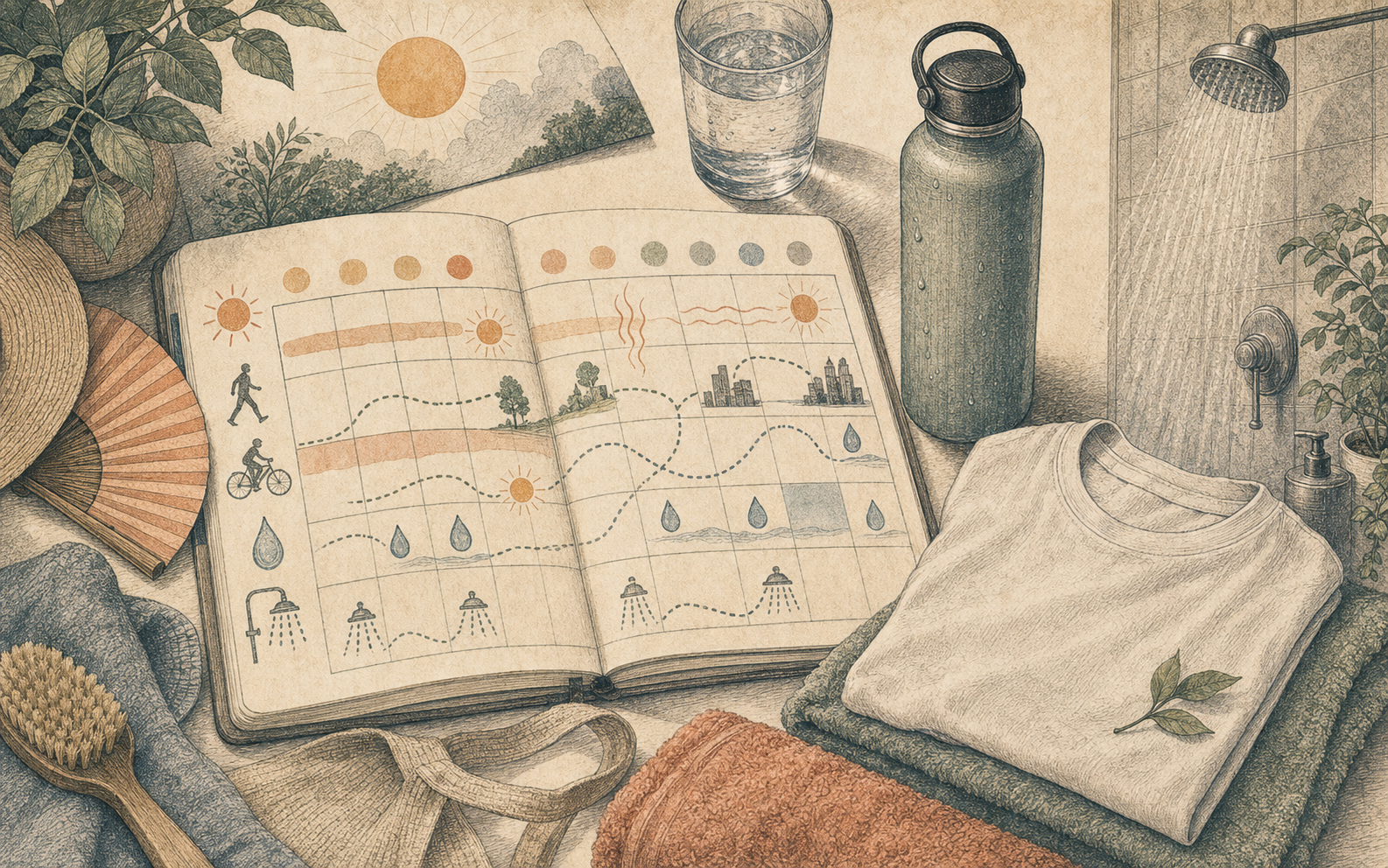 Editorial calendar illustration with hot days, sweat droplets, and shower reset markers.