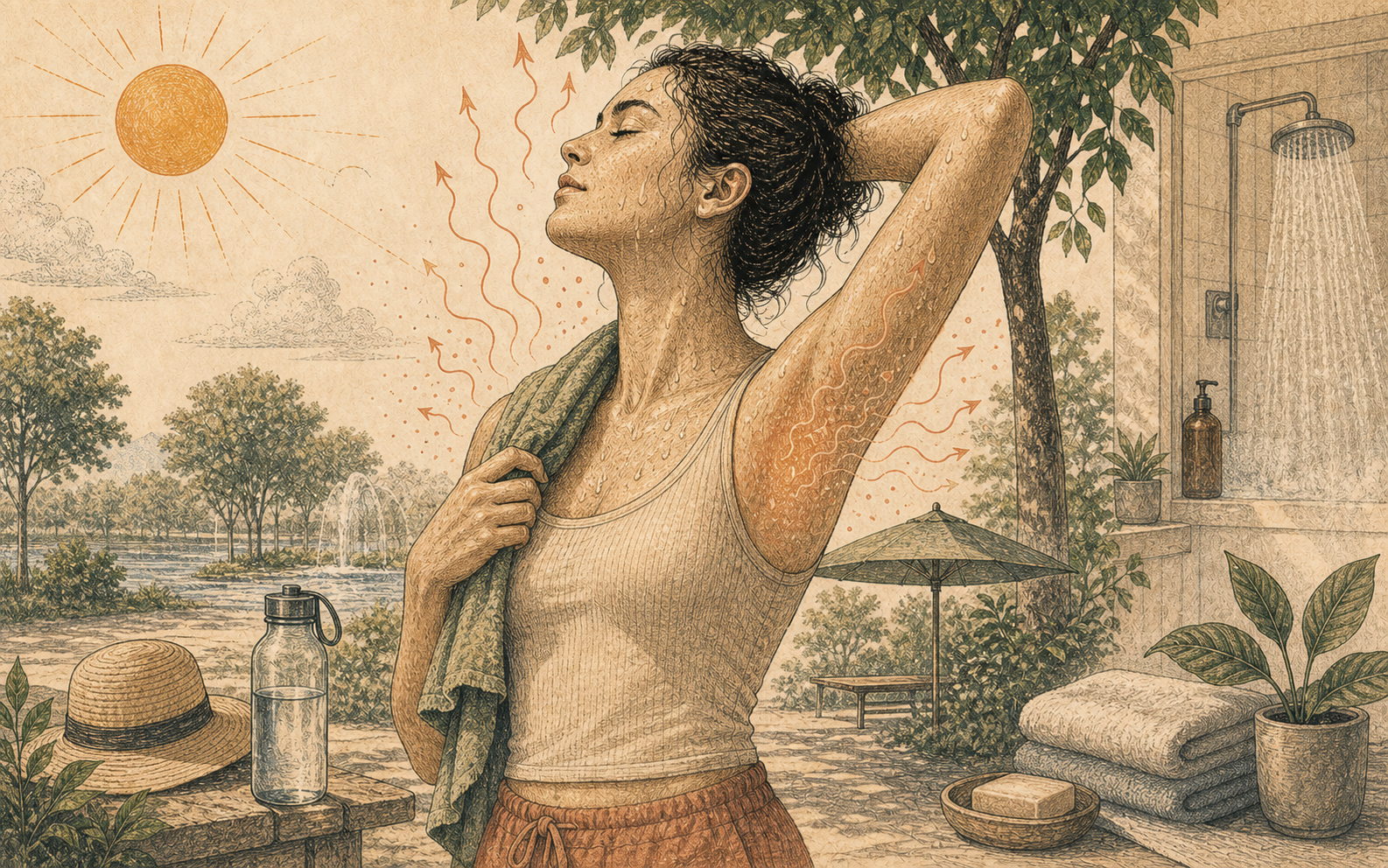 Editorial skin-surface illustration showing sweat evaporation as a cooling system.