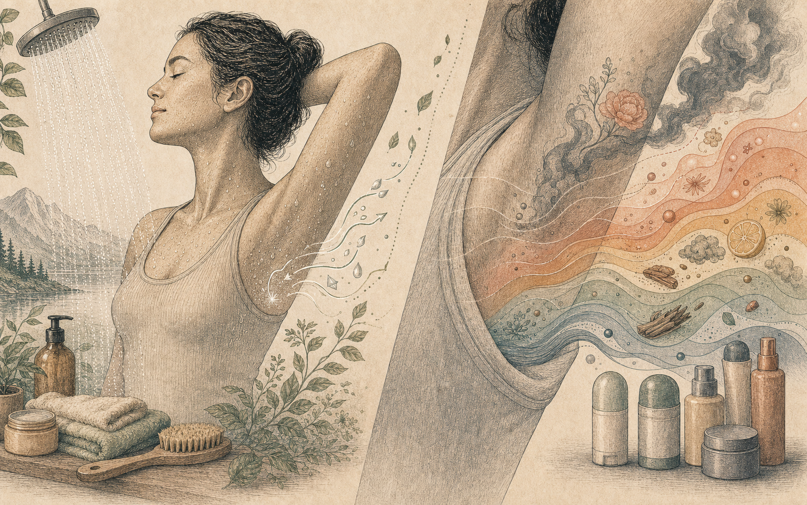 Editorial comparison of a rinse-off shower step beside stacked leave-on scent layers.