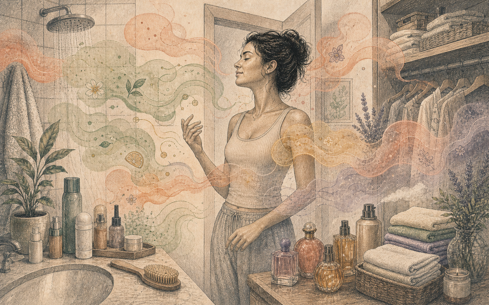 Editorial illustration of layered scent clouds from deodorant, laundry, and perfume overlapping in a small room.