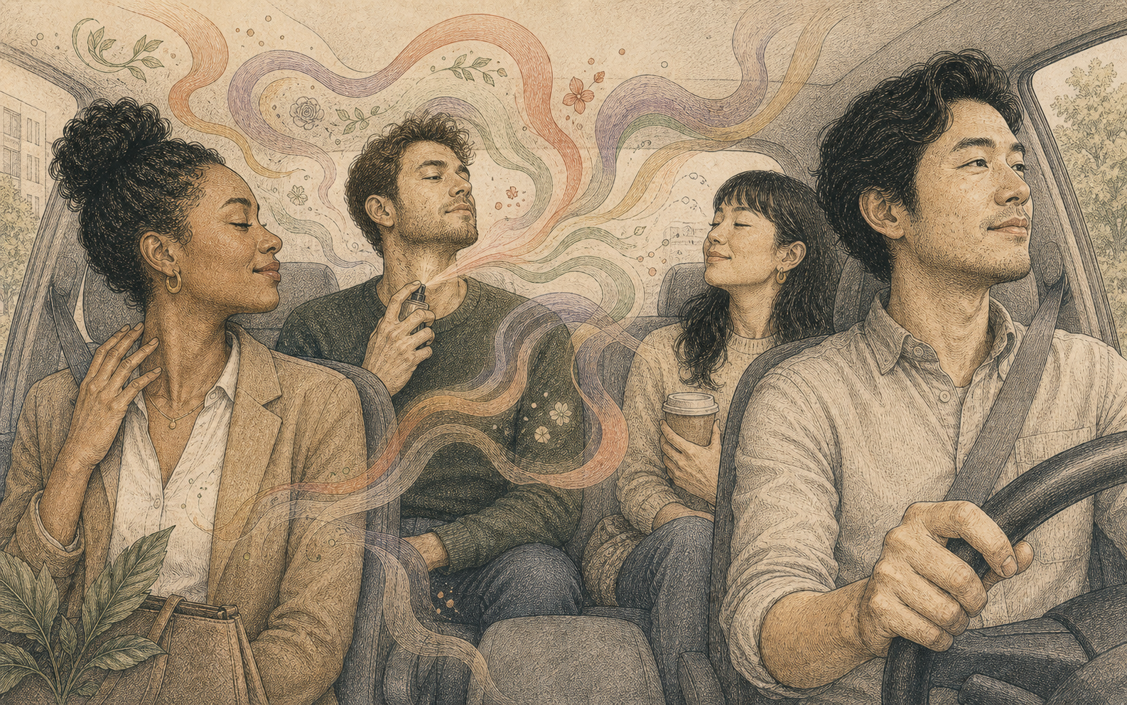 Editorial illustration of people in shared air with one oversized fragrance cloud and open space between them.