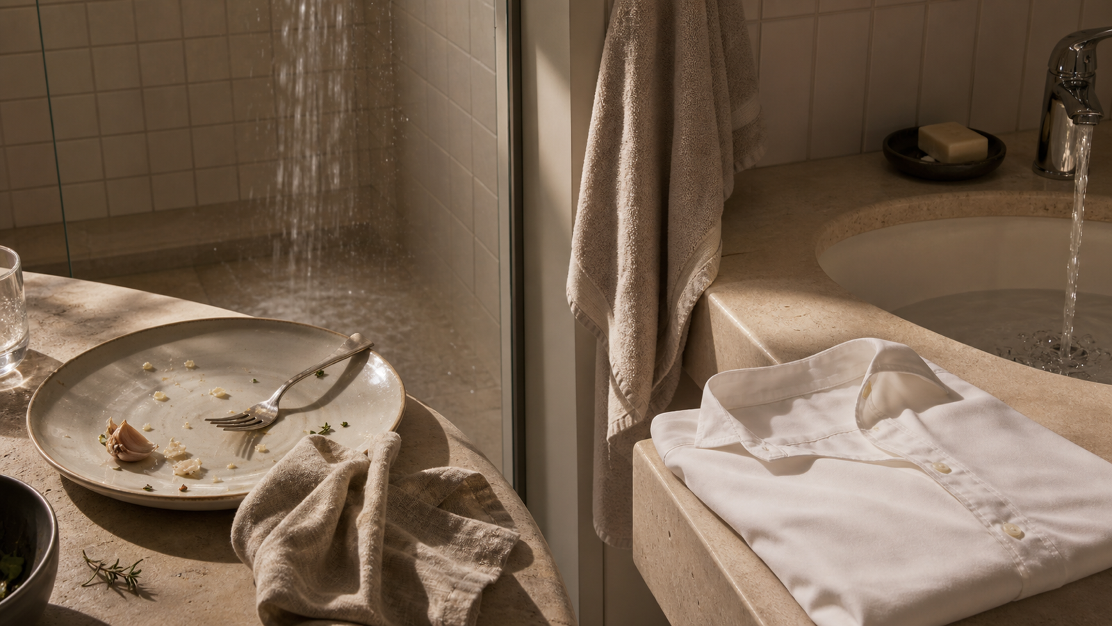 Calm split scene with an empty dinner plate, linen napkin, bathroom sink, running water, towel, and clean white shirt.