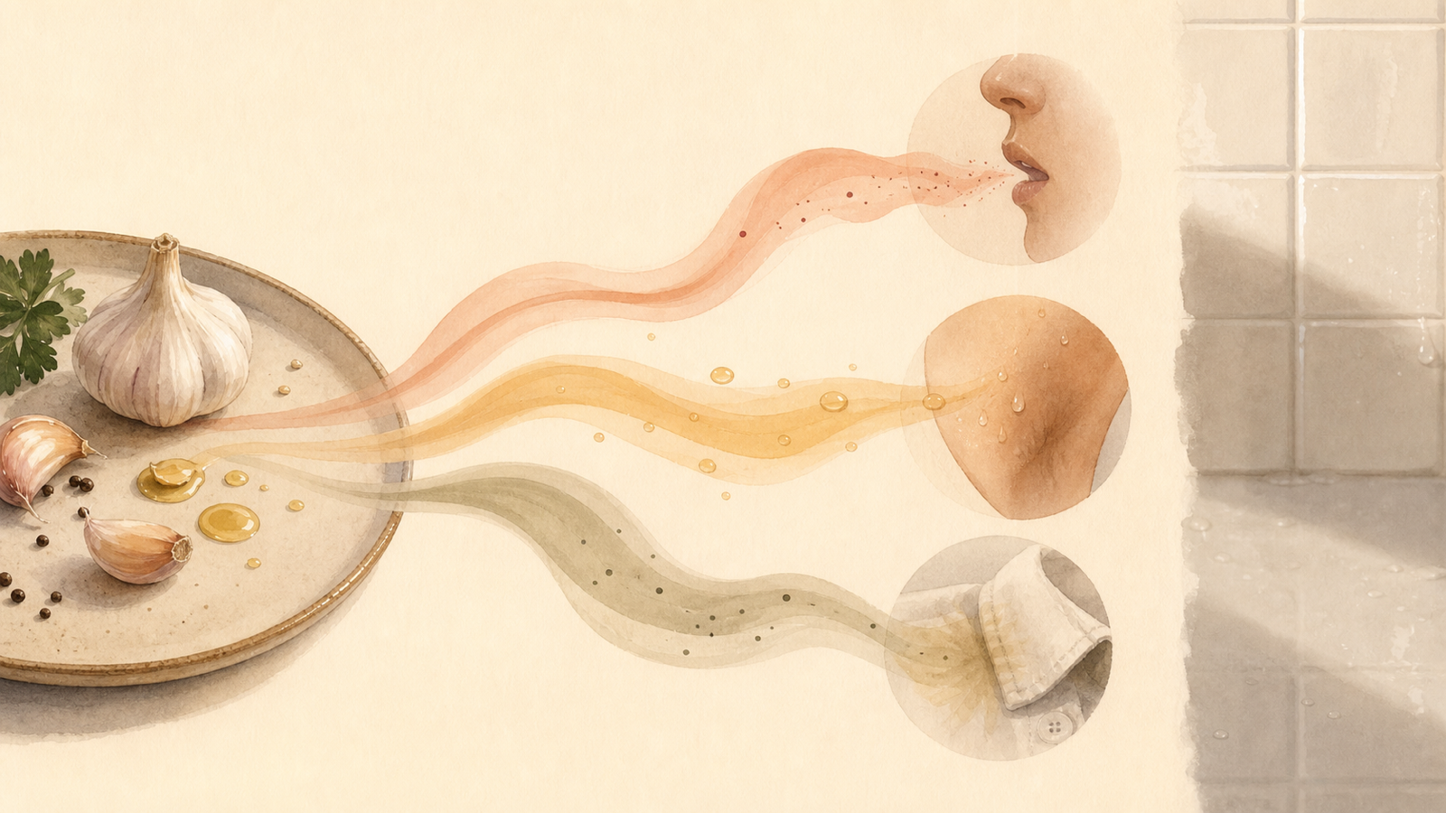 Soft editorial graphic showing food aromatics moving toward breath, skin, and fabric as separate scent paths.