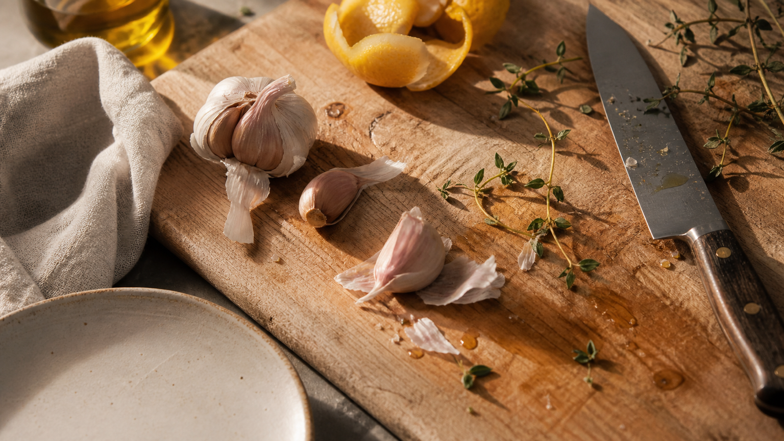 Warm kitchen cutting board with garlic cloves, lemon peel, herbs, oil, knife, and linen towel.