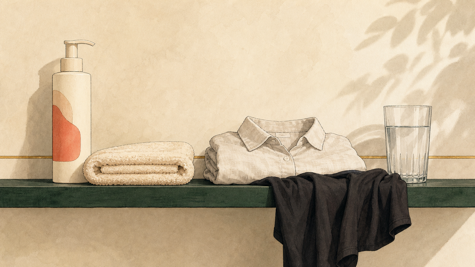 A calm bathroom shelf with a foam pump, a folded towel, and a clean shirt — the daily reset routine.