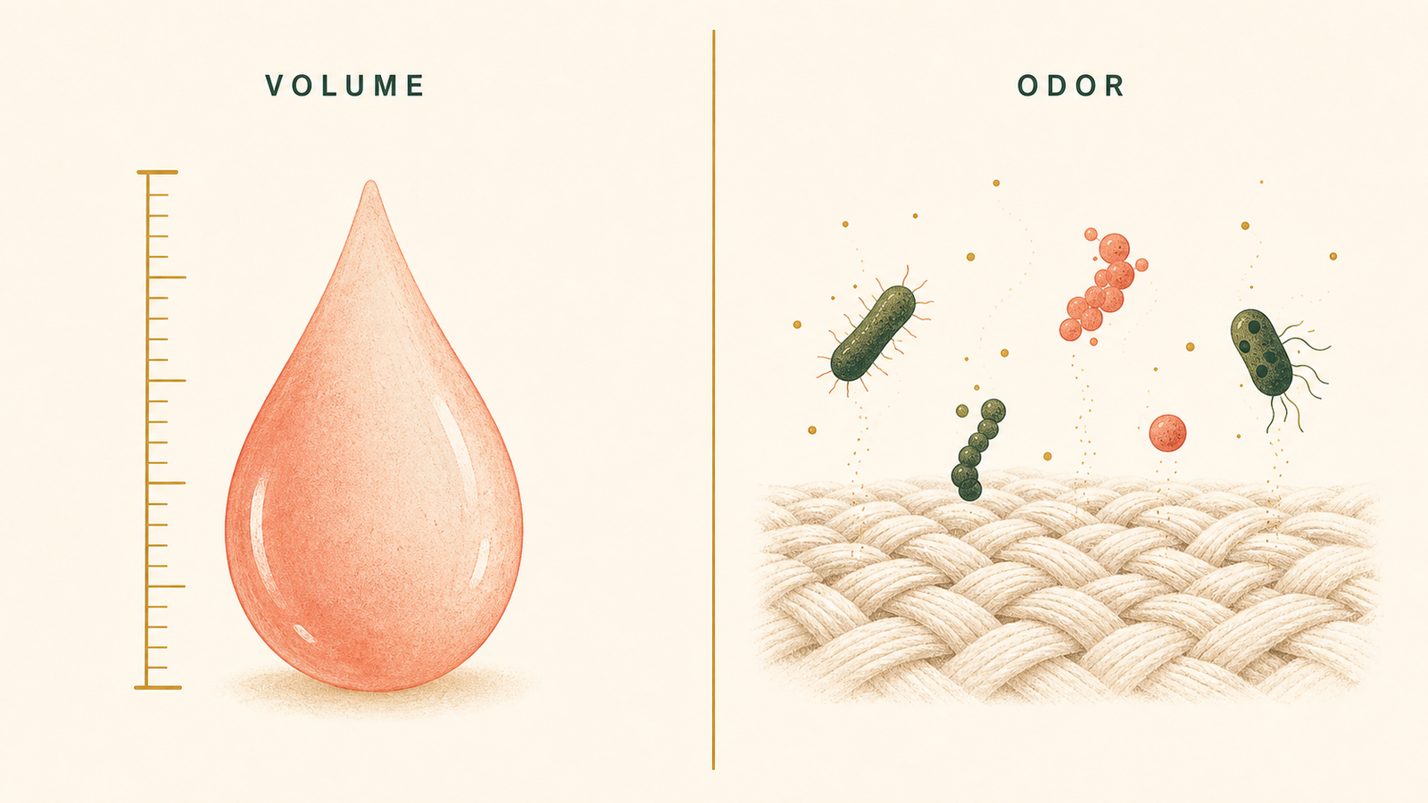 Editorial diptych illustrating sweat volume on the left and underarm odor chemistry on the right.