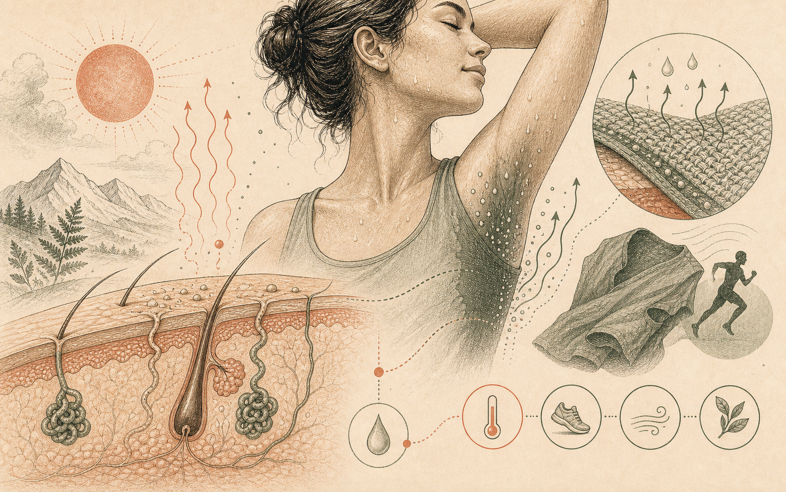 Editorial skin and shirt illustration showing sweat as cooling, movement, and fabric contact.