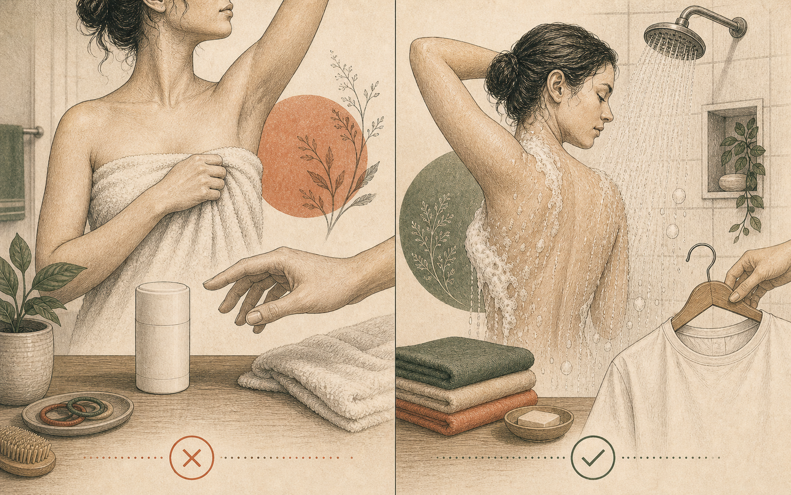 Split bathroom routine illustration showing leave-on after shower versus rinse-off under shower water before getting dressed.