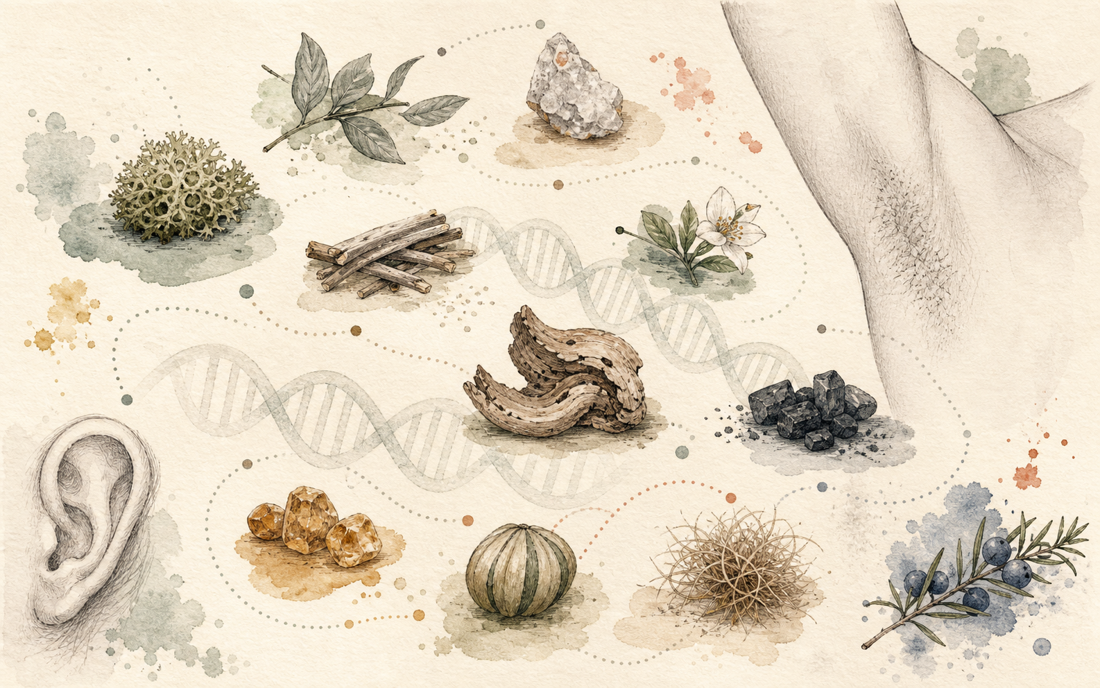 Abstract field-guide illustration of genetic variation, body clues, and neutral routine tokens.