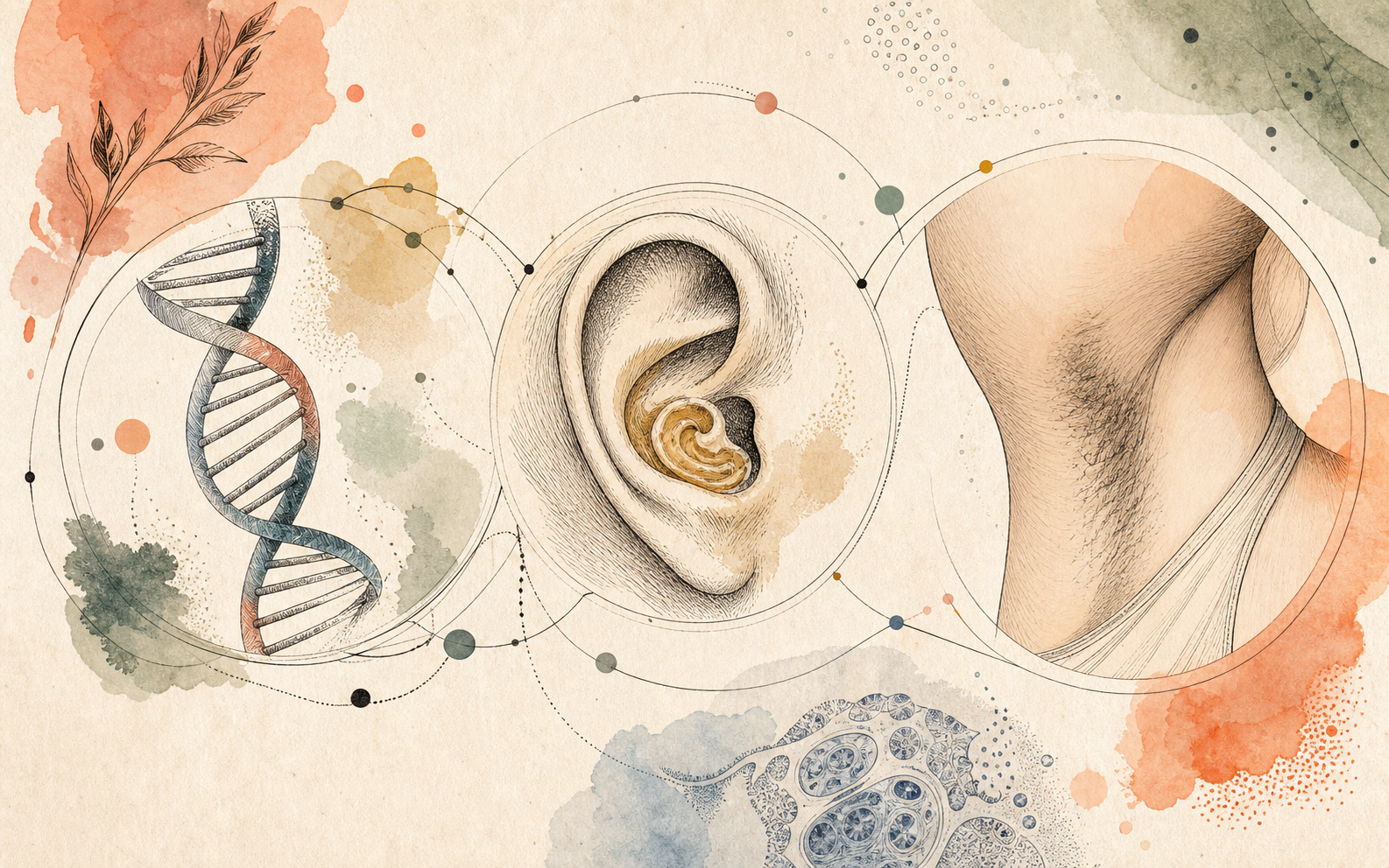 Editorial map connecting a DNA helix, earwax clue, and underarm skin fold.