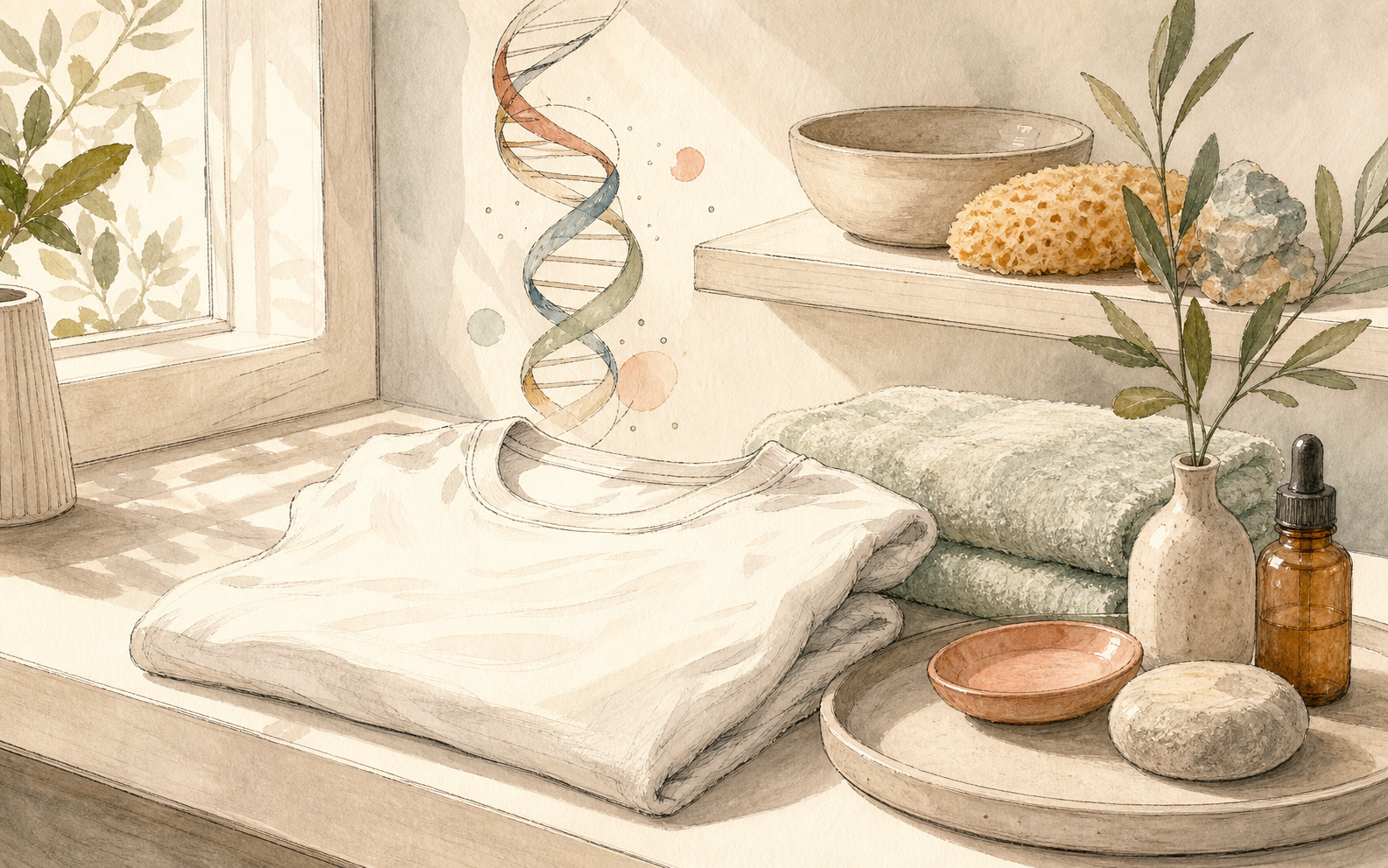 Bathroom still life with DNA ribbon, towel, and clean shirt showing routine and genetics together.