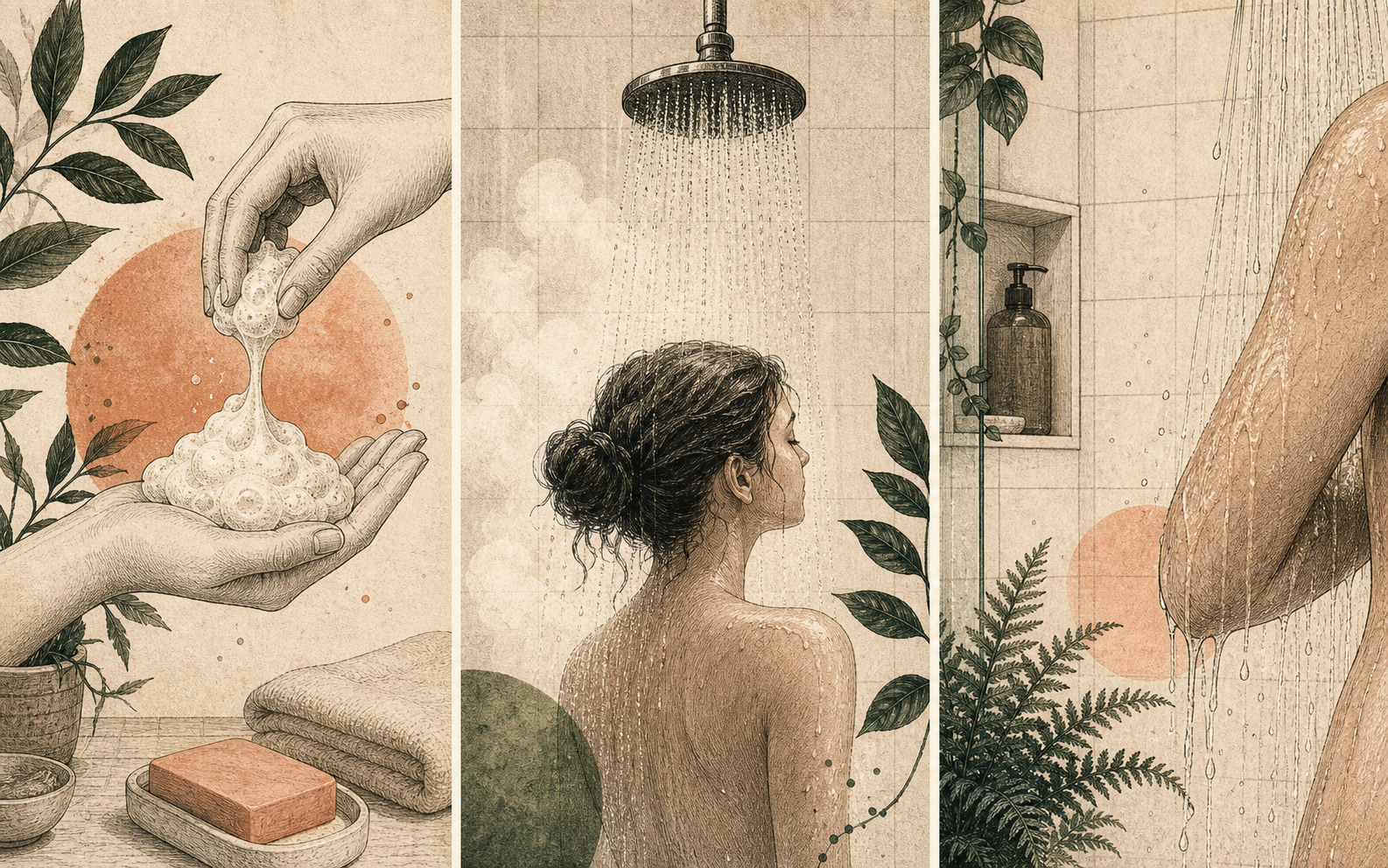 Three-panel editorial shower routine showing foam, wait, and rinse as a cosmetic cleanser step.