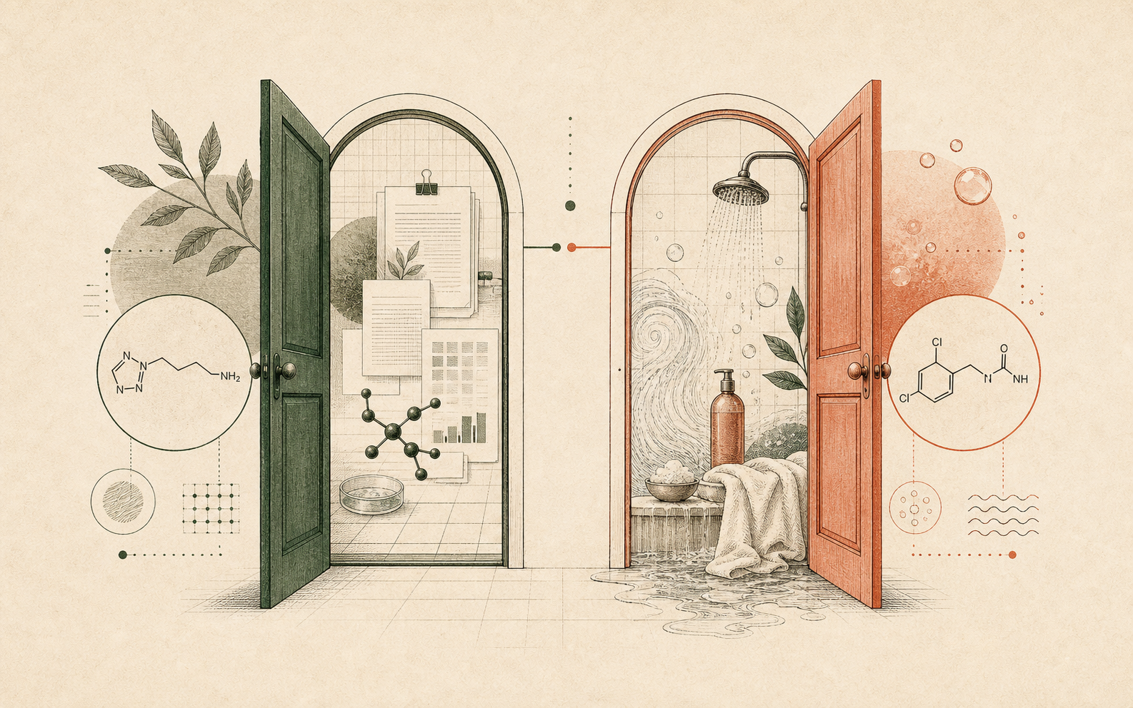 Editorial split illustration showing healthcare drug context and cosmetic shower context as separate doors.