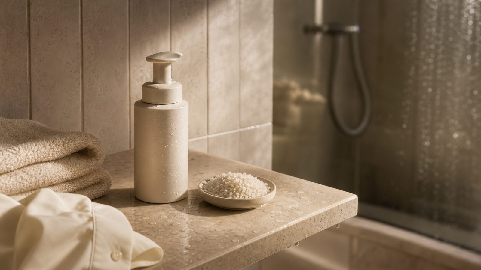 Warm bathroom shelf with an unbranded foaming pump bottle, small dish of pale mineral granules, folded towel, clean shirt, and water droplets.
