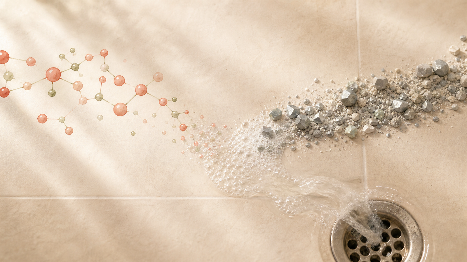 Minimal editorial graphic of molecule-like lines and mineral granules meeting in foam that rinses toward a drain.