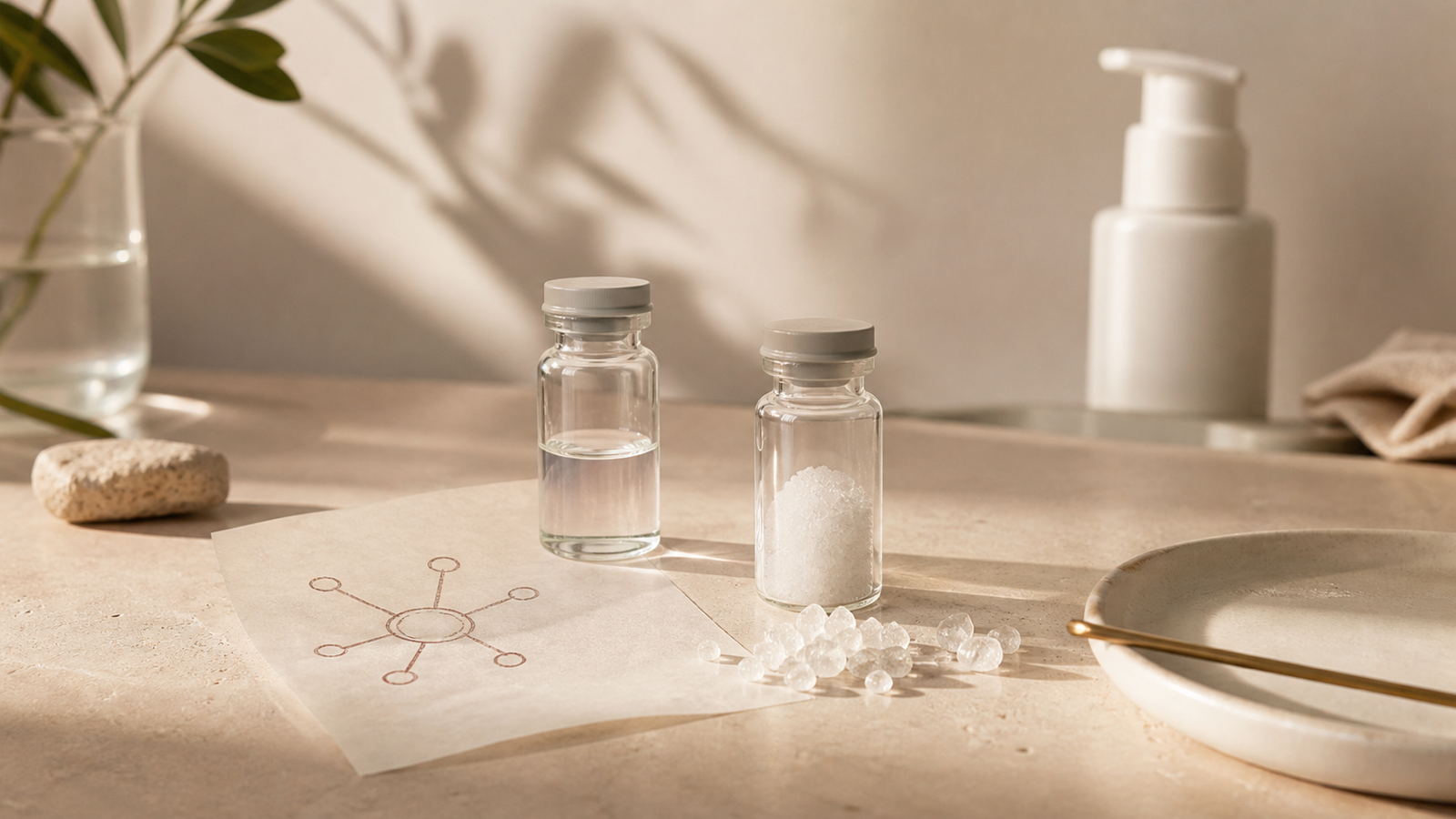 Warm bathroom research still life with two clear vials, mineral crystals, a soft molecule sketch, and an unbranded pump bottle in the background.