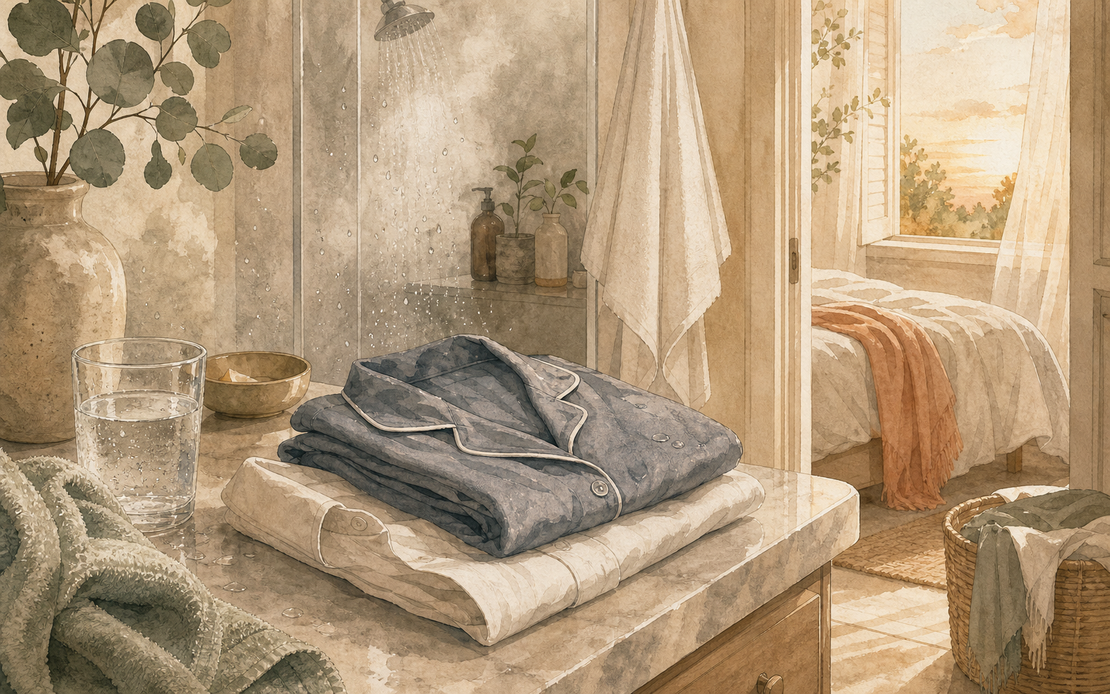 Bathroom still life with folded sleepwear, towel, water glass, clean shirt, and shower steam.