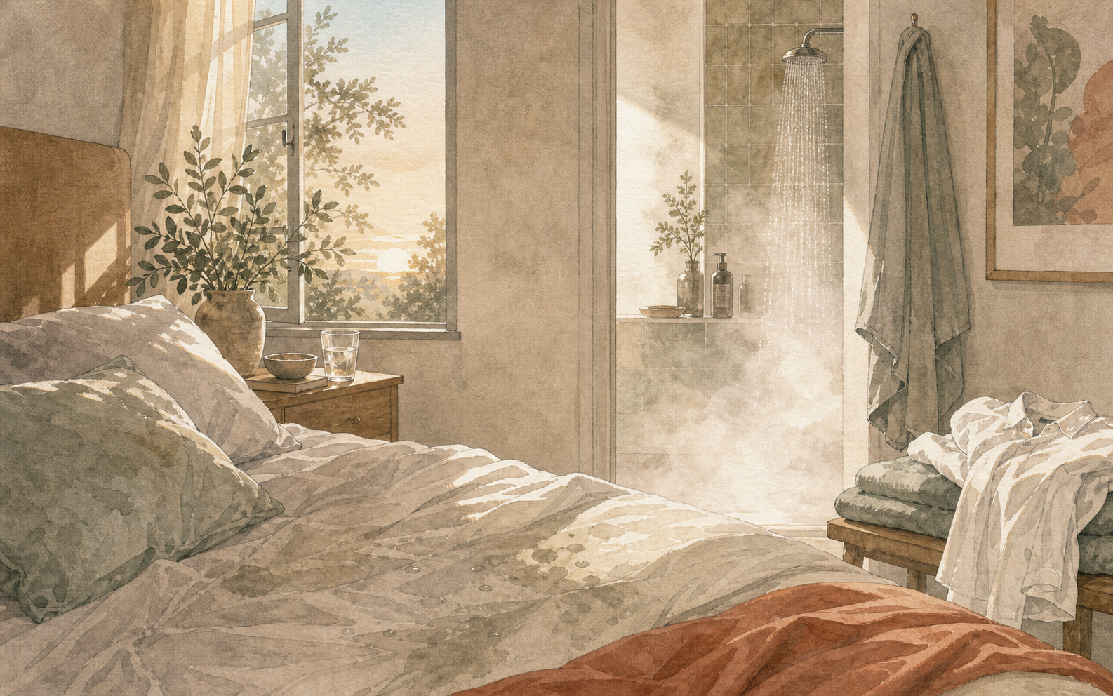Dawn bedroom scene with rumpled sheets, open window light, and shower steam nearby.